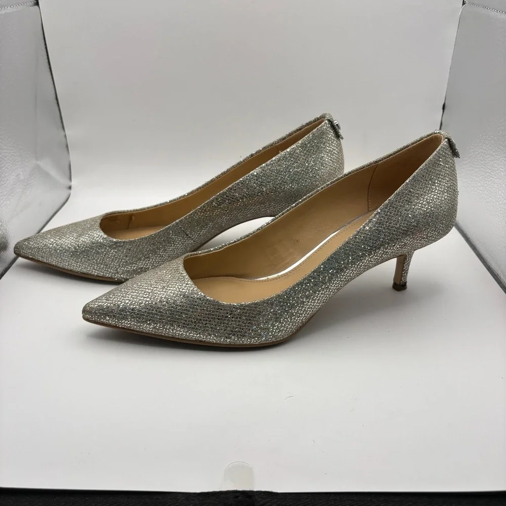 Michael Kors Silver Glitter Pointed Toe Kitten Heel Pumps Womens 8M